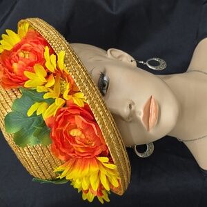 Floral Straw Hat with Red and Yellow Accents
